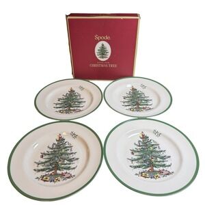 Spode Christmas Tree Earthenware 10.5" Dinner Plate, Set of 4 Green Banding NEW
